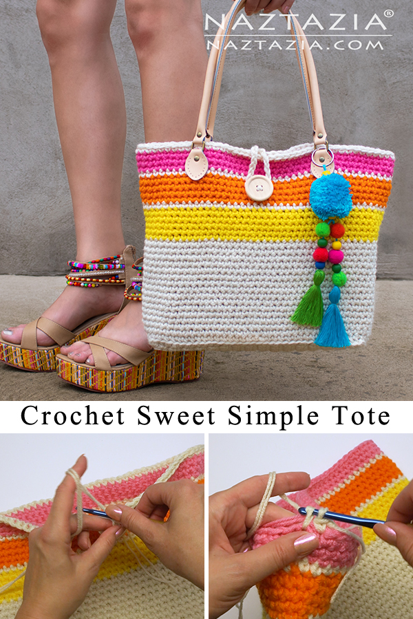 Sweet Simple Tote Bag with Colorful Stripes and Pom Pom and Tassel Bag Charms